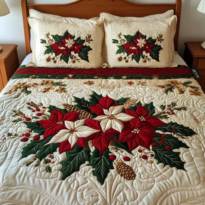 Juego de cama acolchado de 3 piezas - Encanto de las Poinsettias