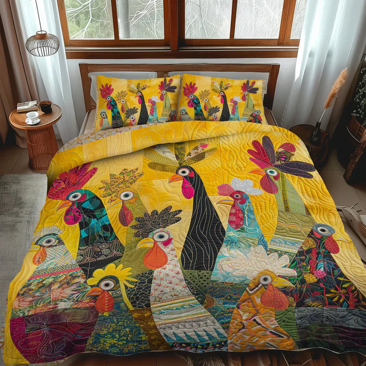 Juego de cama acolchado de 3 piezas - Gallo del Amanecer