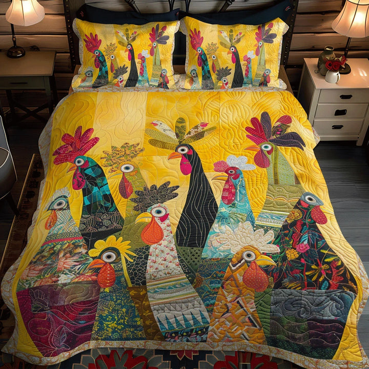 Juego de cama acolchado de 3 piezas - Gallo del Amanecer